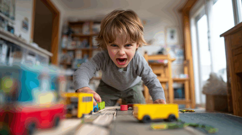 child meltdowns image of young angry boy throwing toys onto the floor having a tantrum